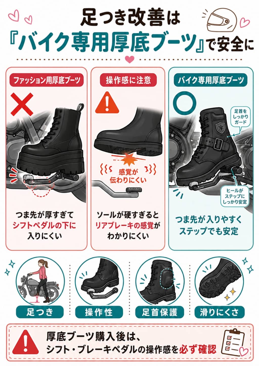ファッション用厚底ブーツとバイク専用厚底ブーツの違い