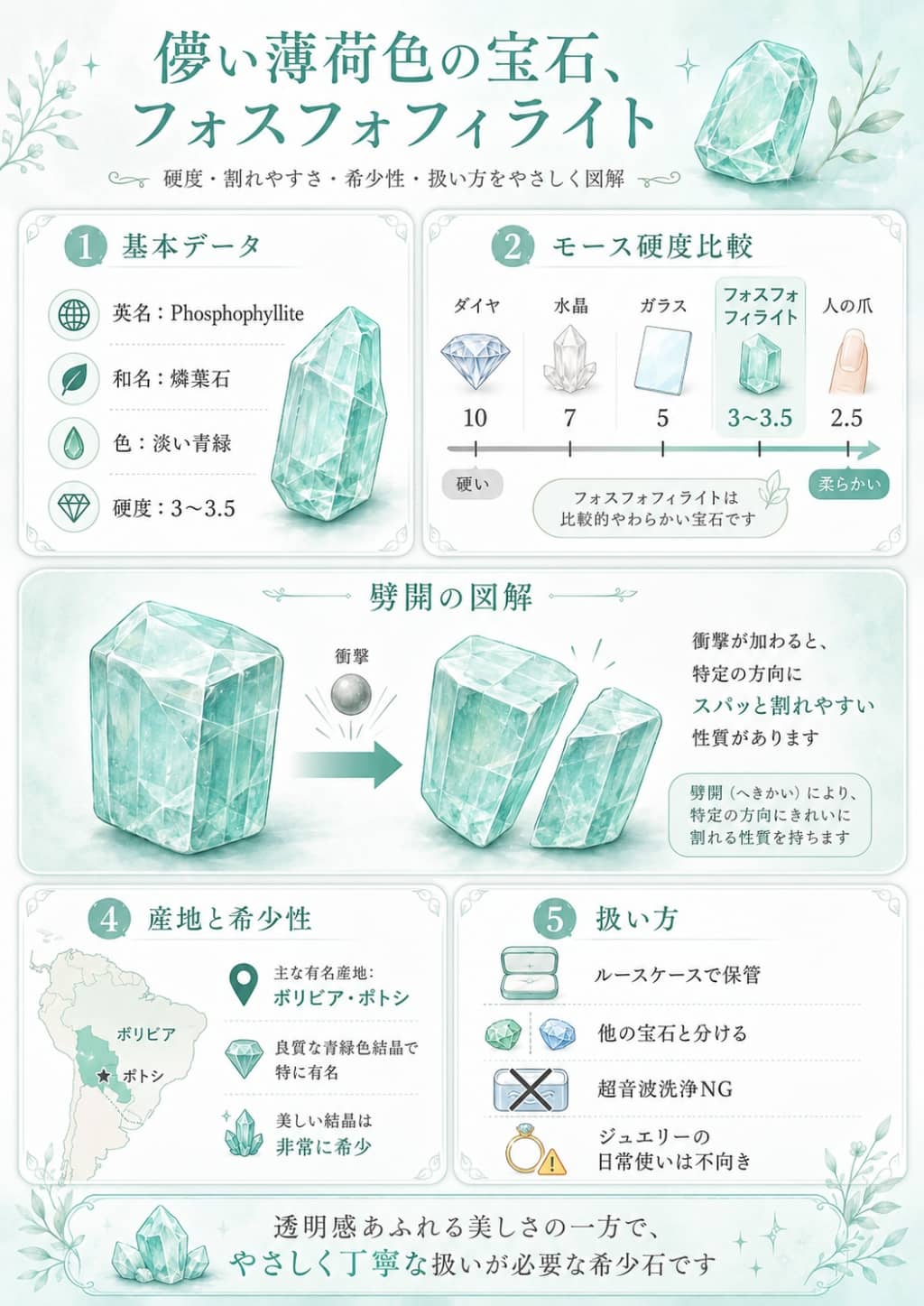 フォスフォフィライトの脆さと希少性の図解