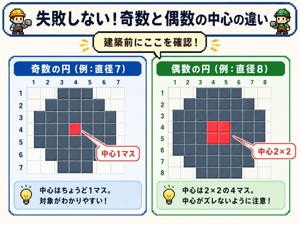 奇数と偶数の中心点の違いの図解