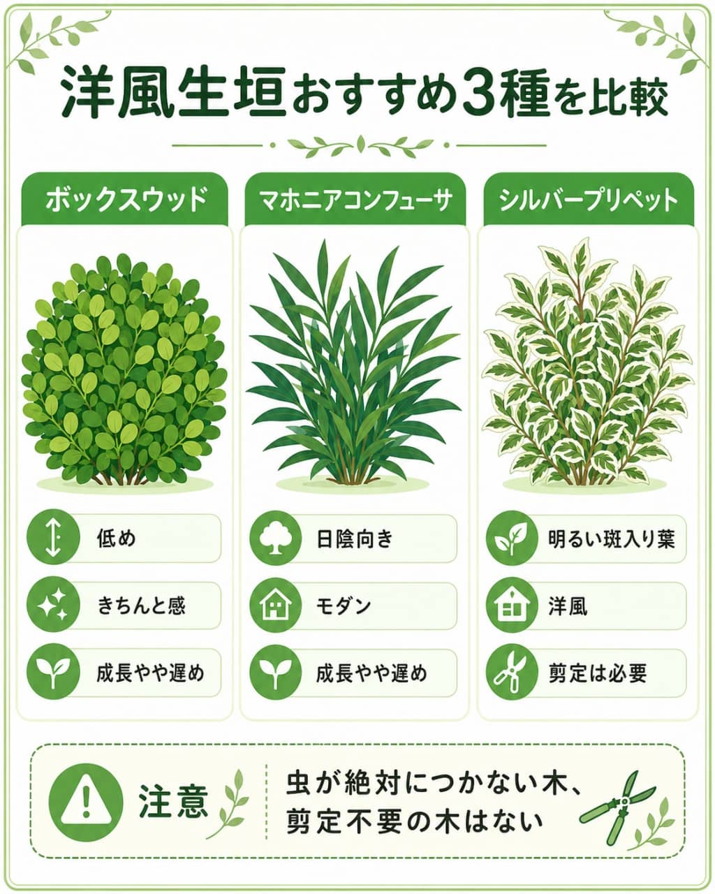 手入れが比較的楽な洋風生垣3種の比較