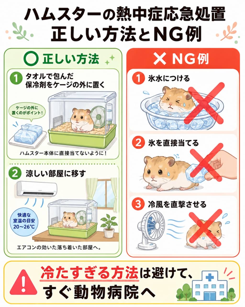 正しい冷やし方とNG行動の比較図