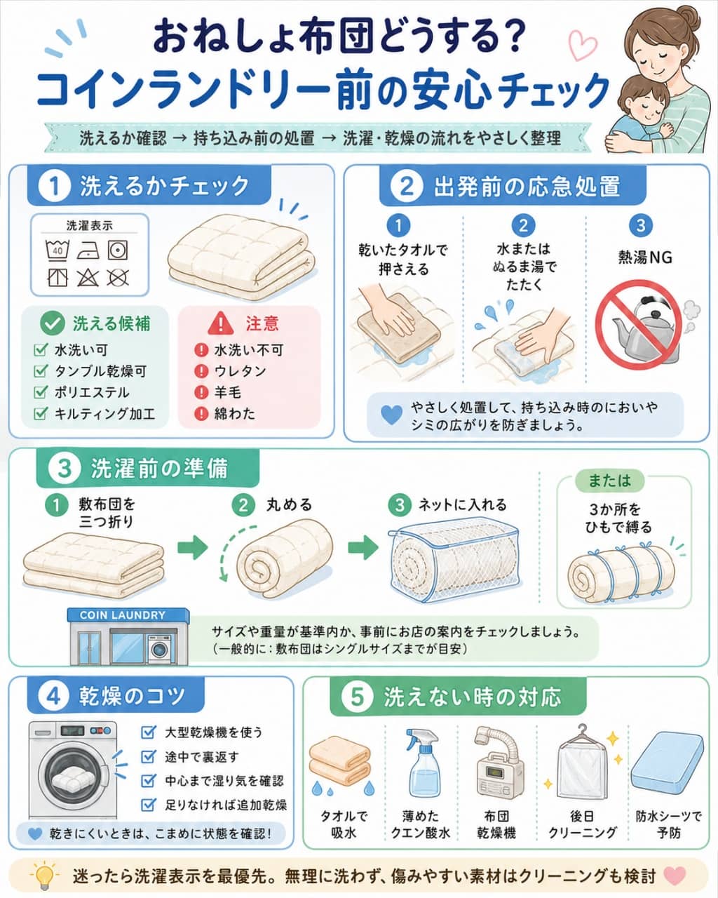 おねしょ敷布団をコインランドリーで洗う前のチェックガイド