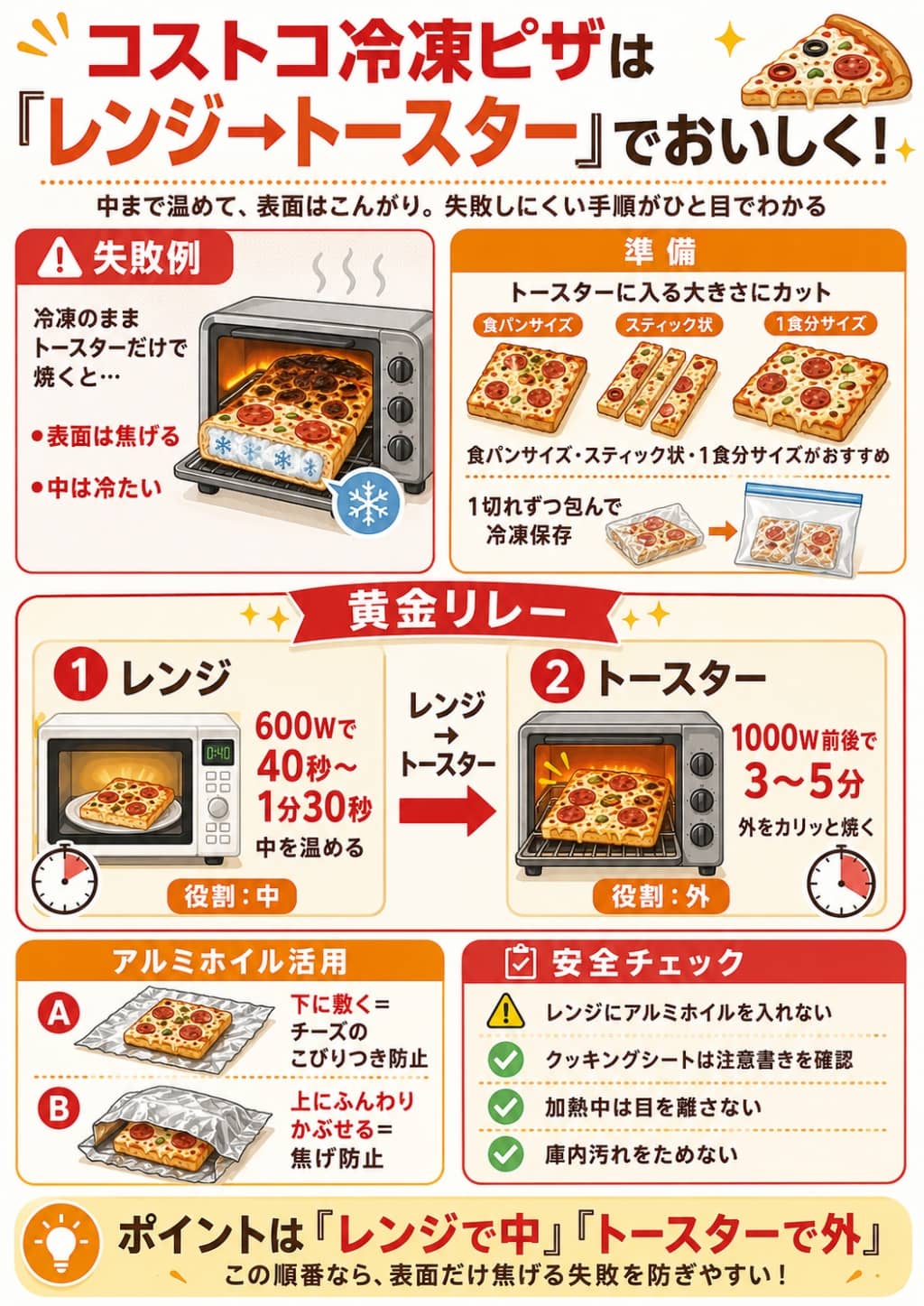 コストコ冷凍ピザをレンジとトースターでおいしく焼く手順図解