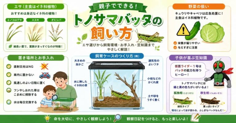 トノサマバッタの飼い方｜子供と楽しむエサ・飼育ケース・仮面ライダーの豆知識