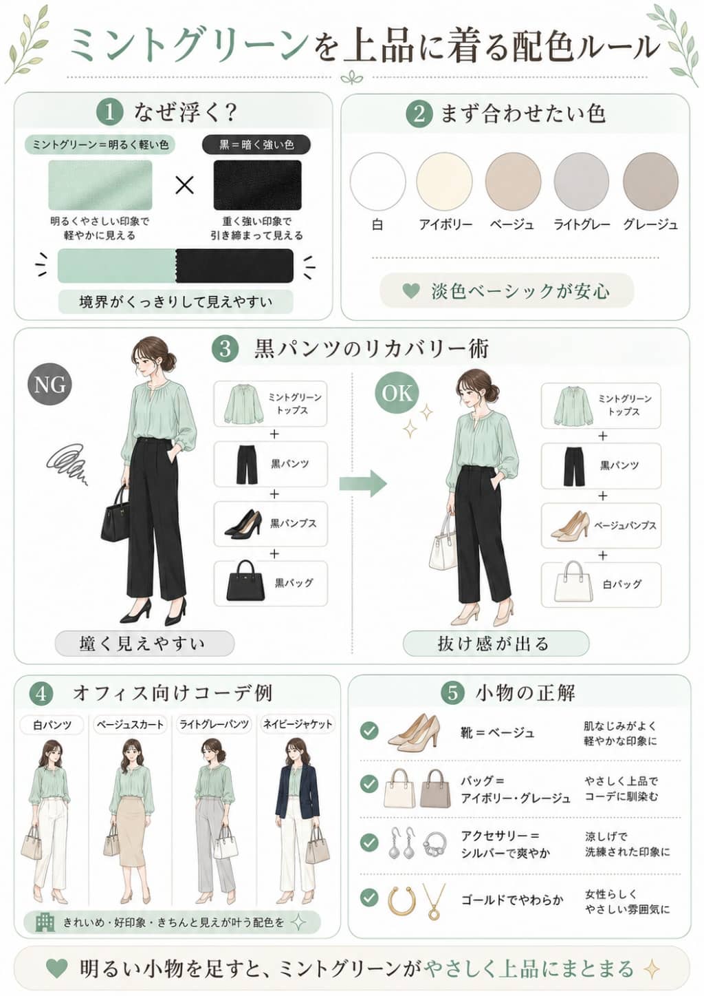 ミントグリーンに合う色と黒パンツのリカバリー術