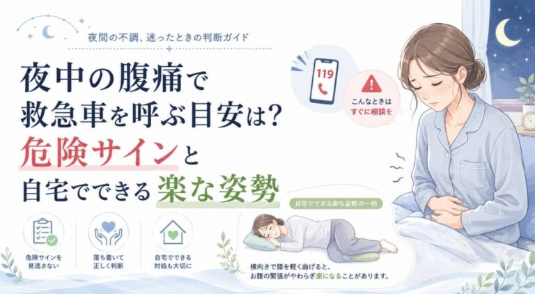 夜中の腹痛で救急車を呼ぶ目安を解説。危険サイン、#7119、自宅でできる楽な姿勢も紹介。