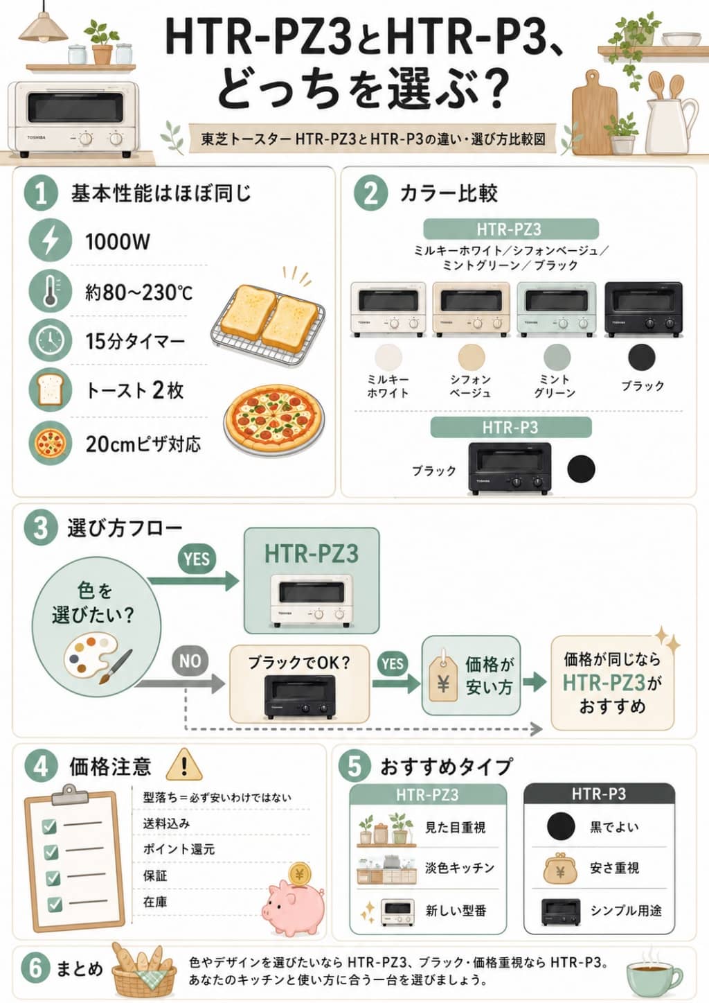 東芝トースターHTR-PZ3とHTR-P3の違い・選び方比較図