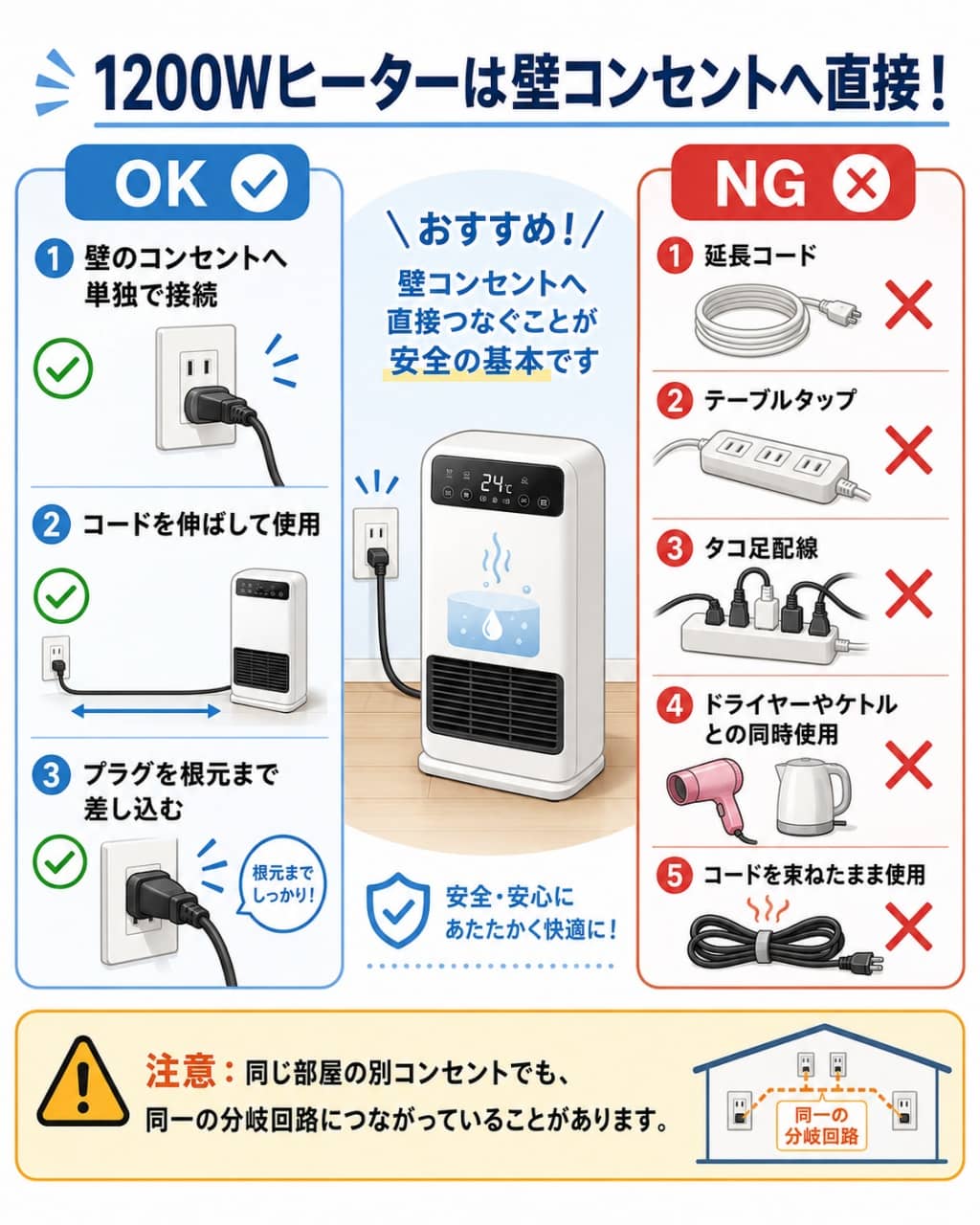 1200Wヒーターは壁コンセントへ直接！