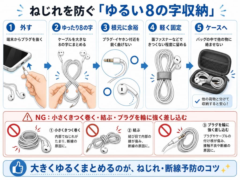 ねじれを防ぐ「ゆるい8の字収納」