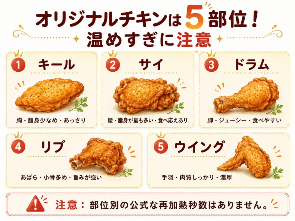 オリジナルチキンは5部位！温めすぎに注意