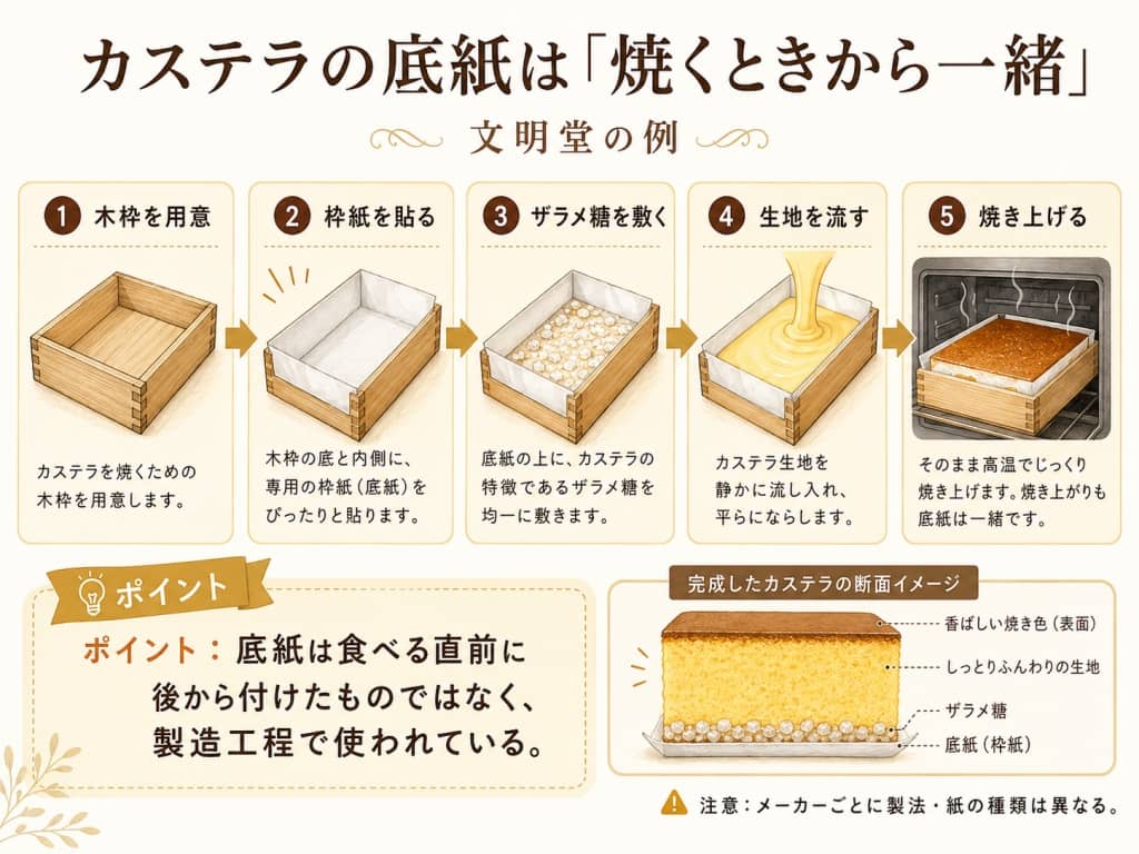 カステラの底紙は「焼くときから一緒」