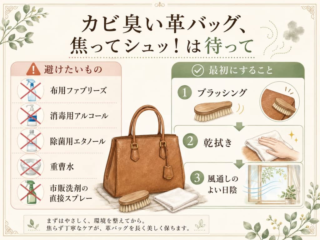 カビ臭い革バッグ、焦ってシュッ！は待って