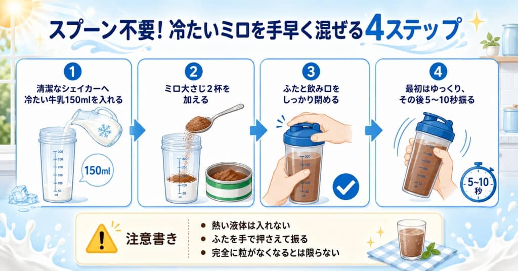スプーン不要！冷たいミロを手早く混ぜる4ステップ