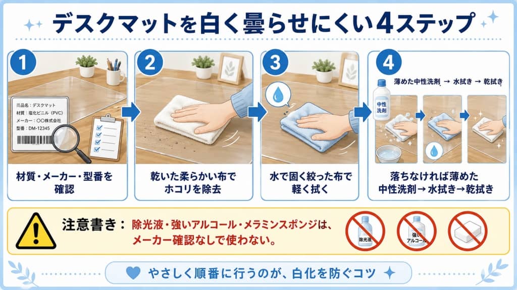 デスクマットを白く曇らせにくい4ステップ