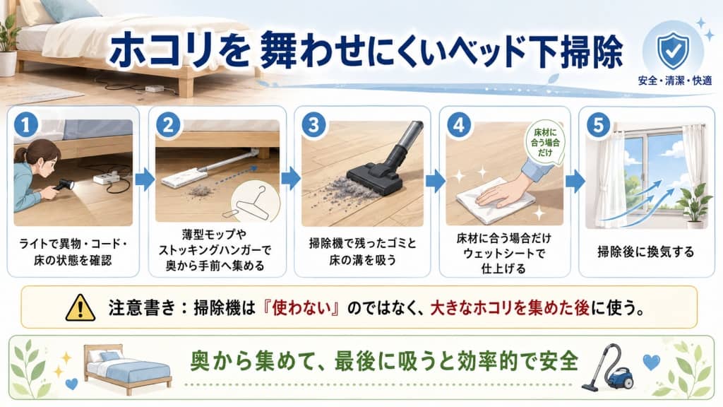 ホコリを舞わせにくいベッド下掃除