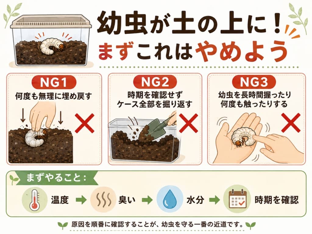 幼虫が土の上に！まずこれはやめよう