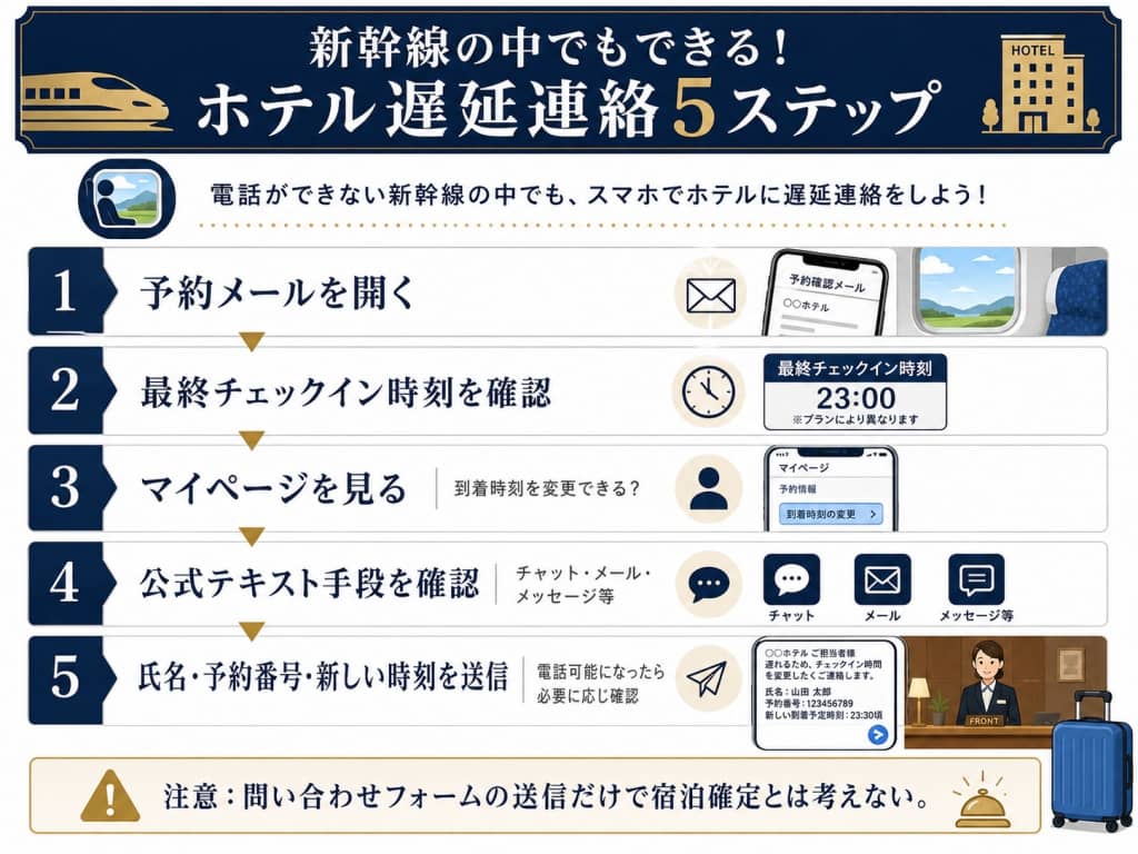 新幹線の中でもできる！ホテル遅延連絡5ステップ