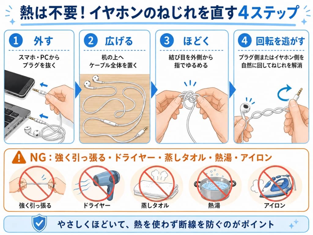 熱は不要！イヤホンのねじれを直す4ステップ
