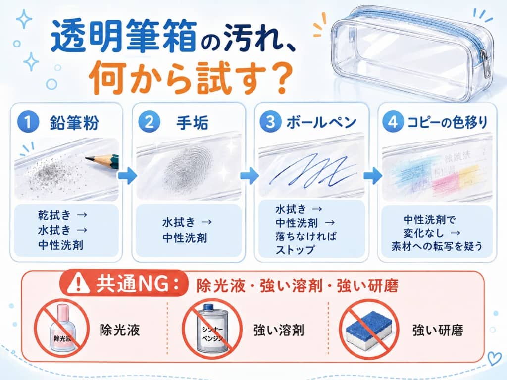 透明筆箱の汚れ、何から試す？