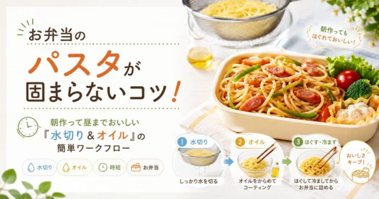 お弁当のパスタが固まらないコツ！朝作って昼までおいしい「水切り＆オイル」の簡単ワークフロー