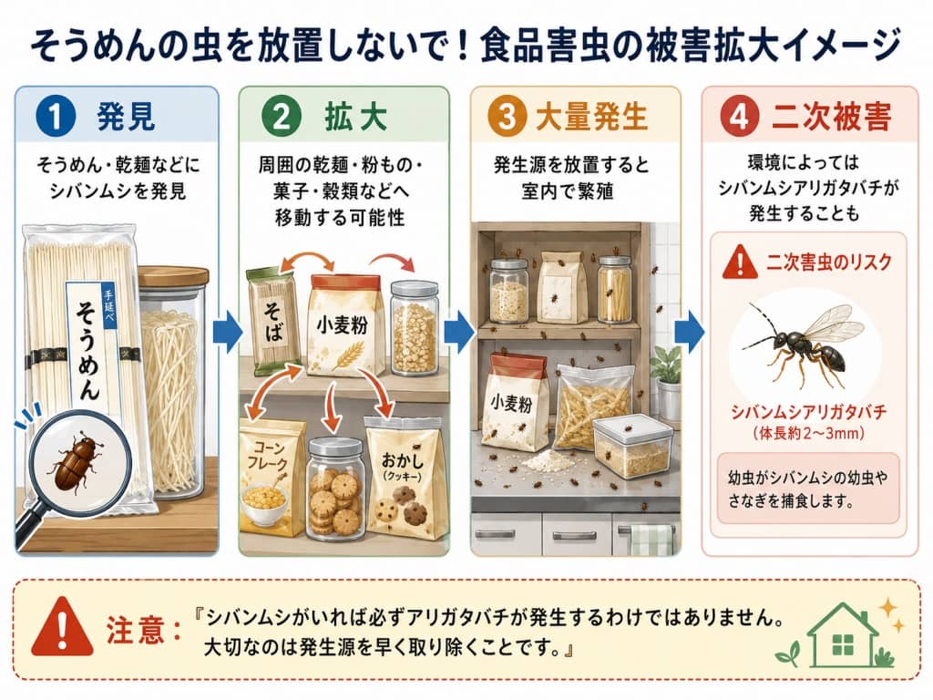 そうめんの虫を放置しないで！食品害虫の被害拡大イメージ