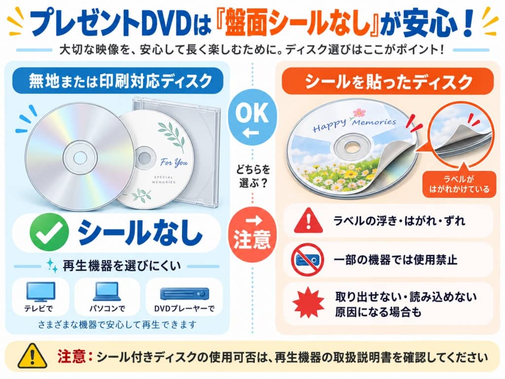 プレゼントDVDは「盤面シールなし」が安心！