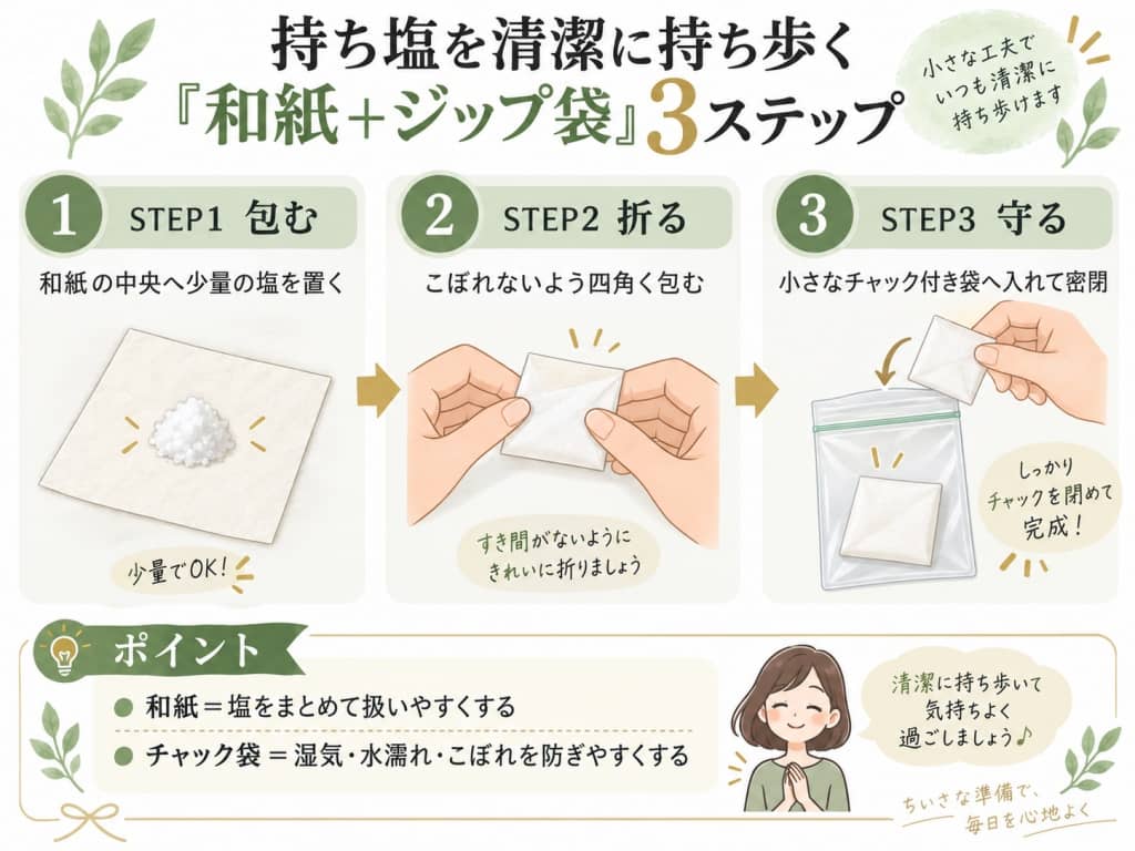 持ち塩を清潔に持ち歩く「和紙＋ジップ袋」3ステップ