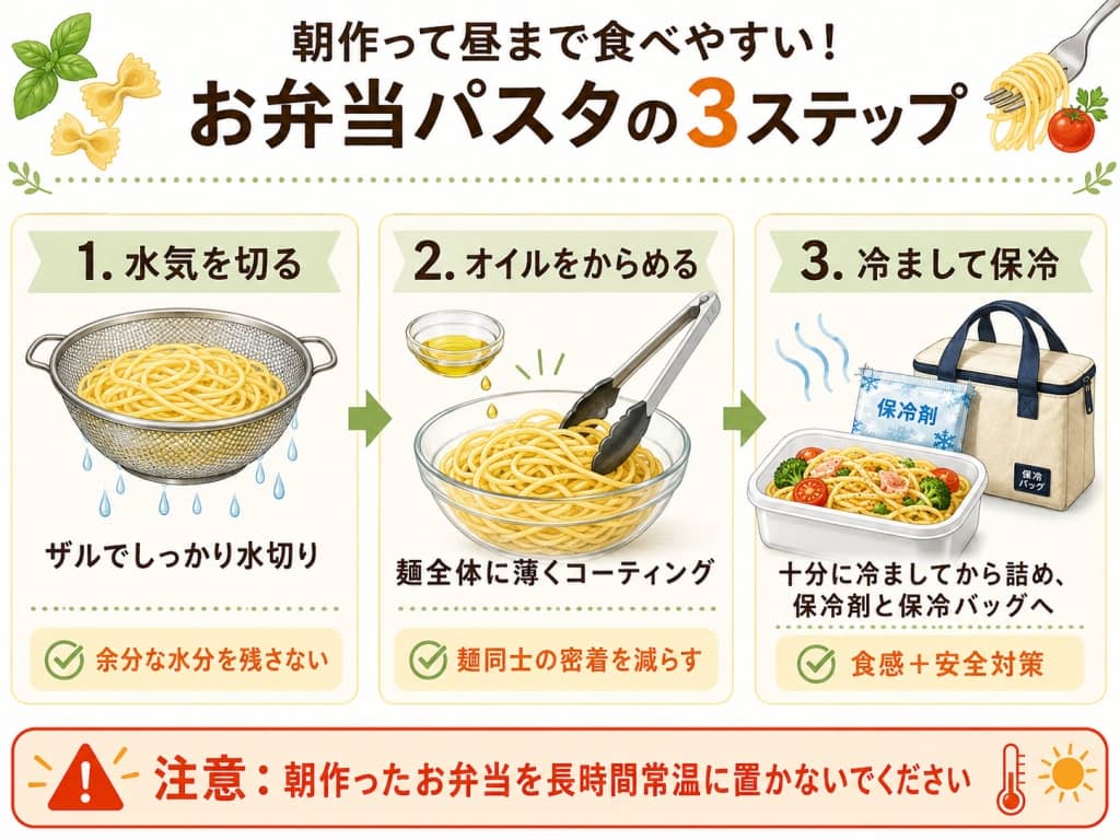 朝作って昼まで食べやすい！お弁当パスタの3ステップ